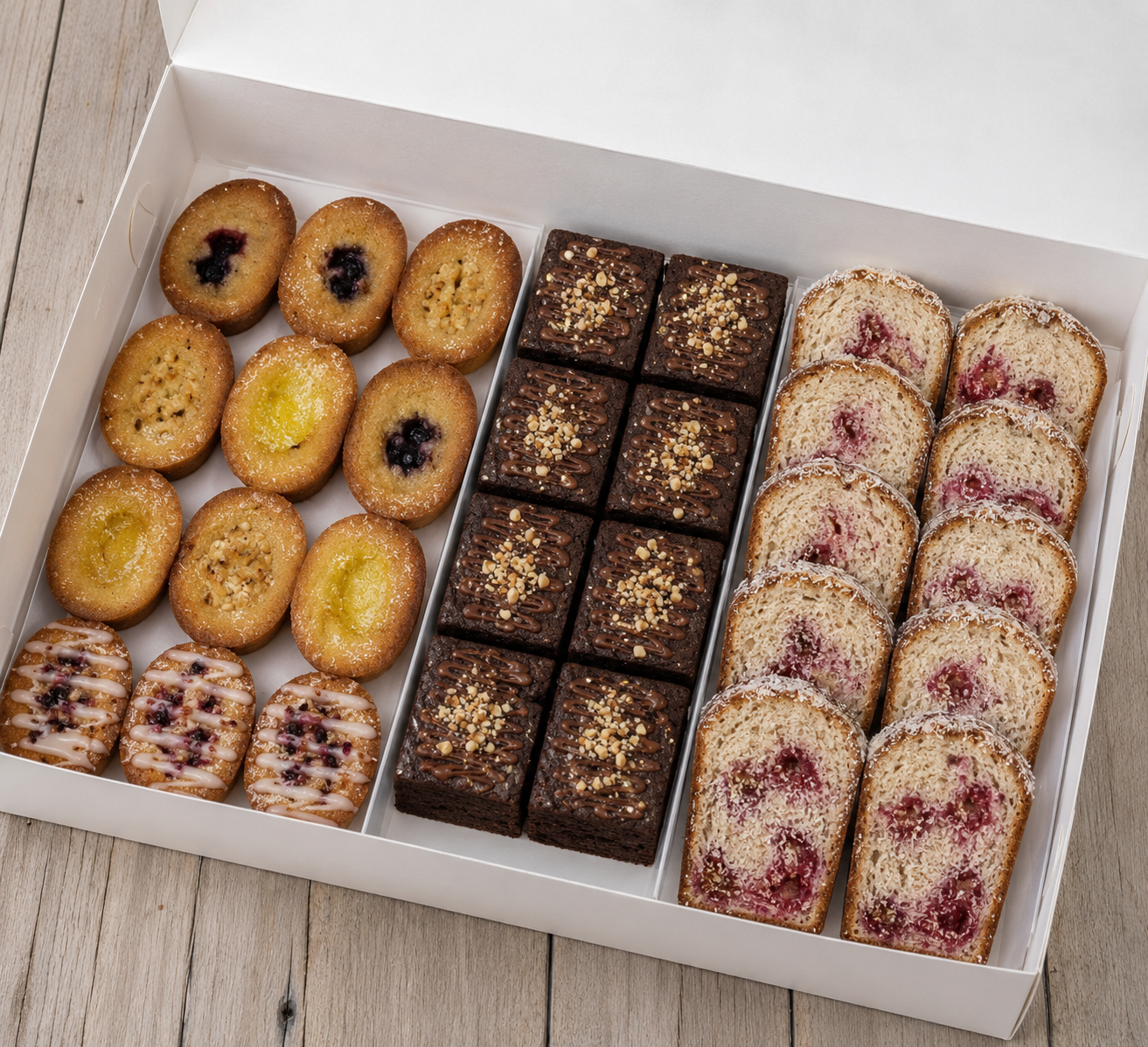 Friands, Nutella brownie and raspberry sliced bread - gluten free brunch platter