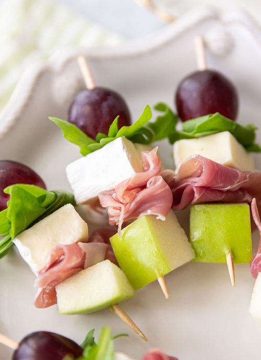 Brie, prosciutto & fruit skewers